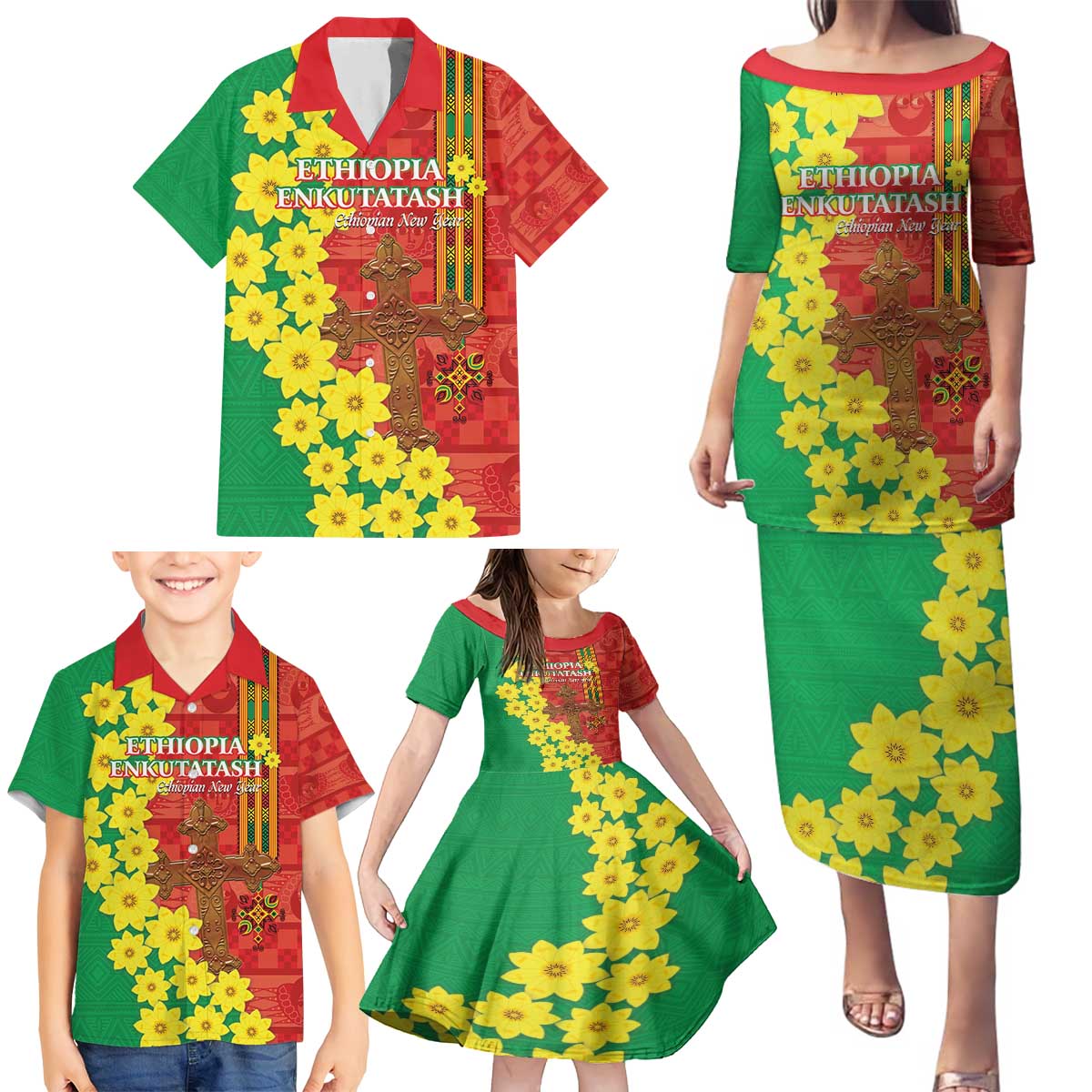 Enkutatash Ethiopia Family Matching Puletasi and Hawaiian Shirt Melkam Addis Amet Adey Abeba Flower - Wonder Print Shop