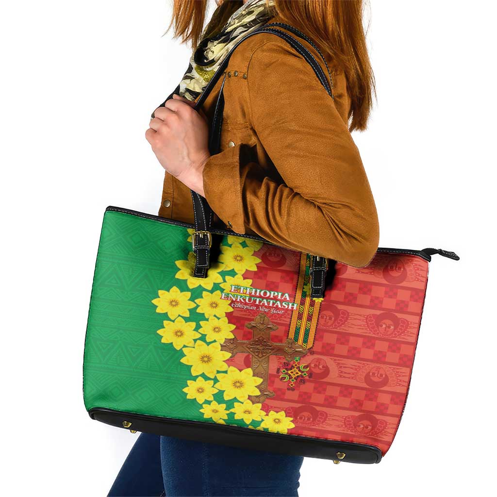 Enkutatash Ethiopia Leather Tote Bag Melkam Addis Amet Adey Abeba Flower - Wonder Print Shop