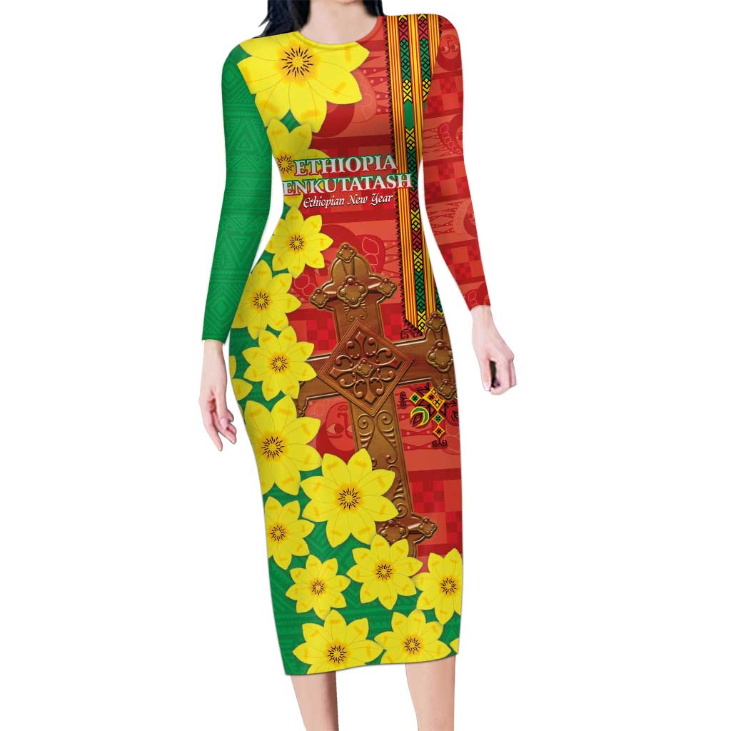 Enkutatash Ethiopia Long Sleeve Bodycon Dress Melkam Addis Amet Adey Abeba Flower