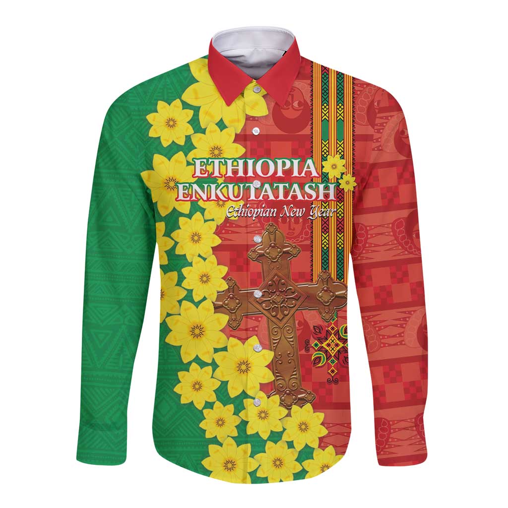 Long-sleeve button shirt with collar, red-green-yellow floral print and cross