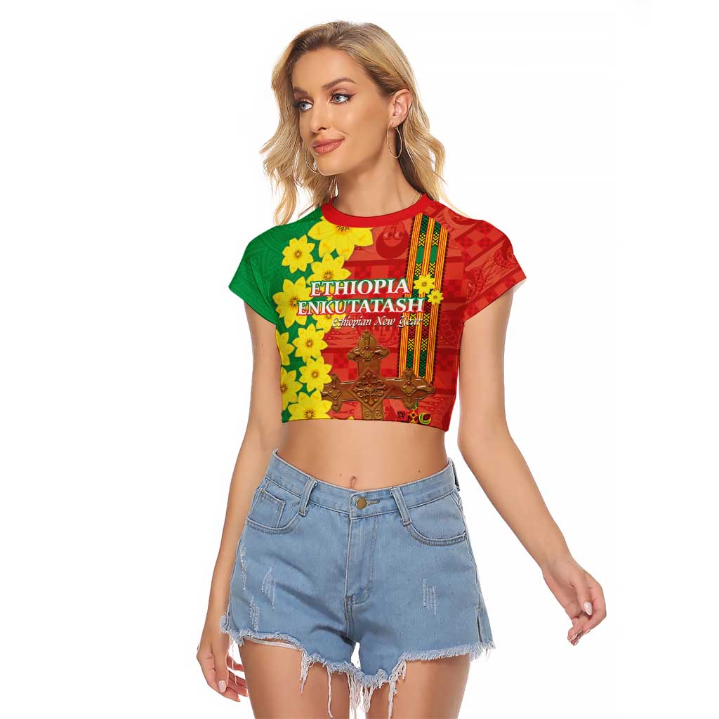 Enkutatash Ethiopia Raglan Cropped T Shirt Melkam Addis Amet Adey Abeba Flower