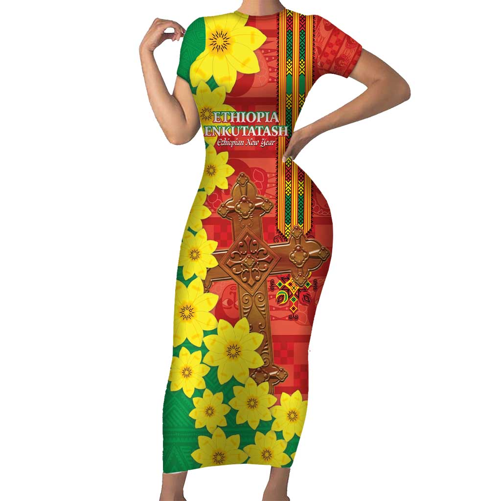 Enkutatash Ethiopia Short Sleeve Bodycon Dress Melkam Addis Amet Adey Abeba Flower