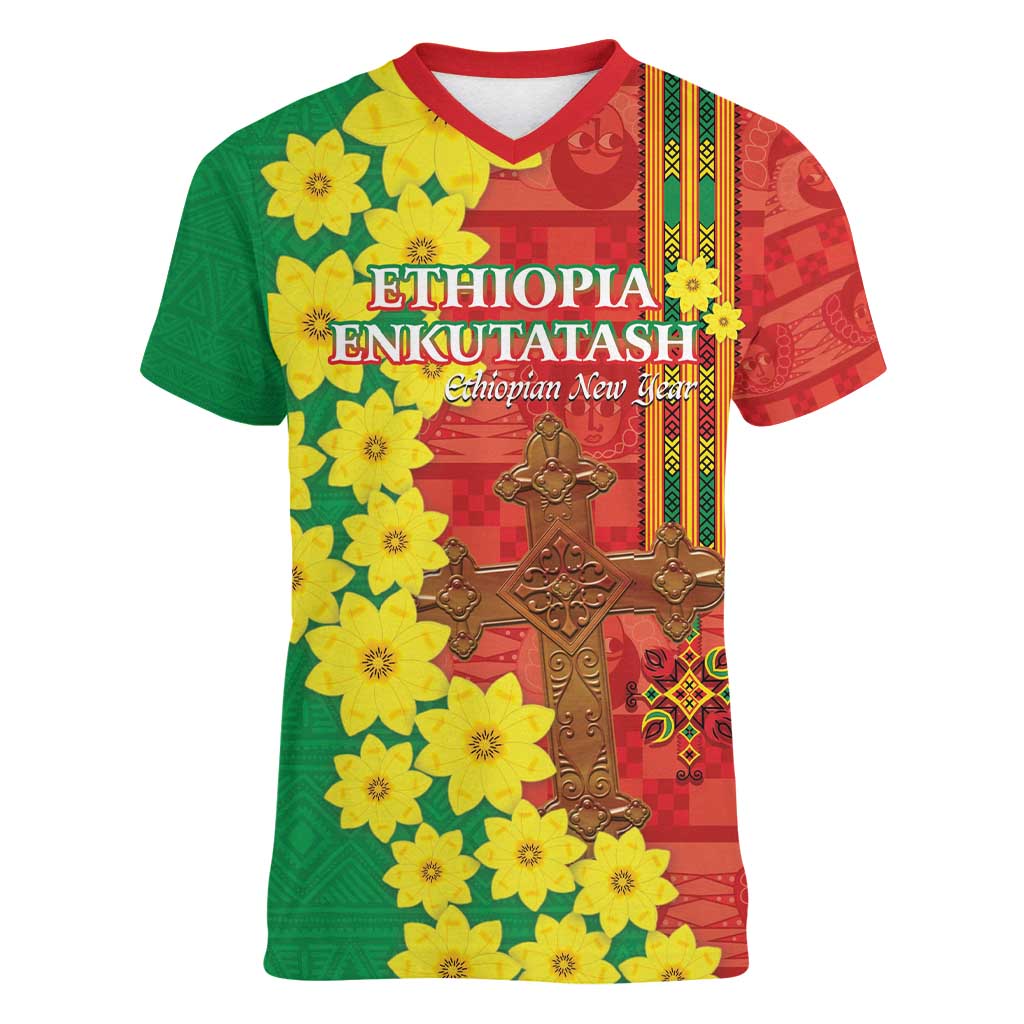 Enkutatash Ethiopia Women V-Neck T-Shirt Melkam Addis Amet Adey Abeba Flower