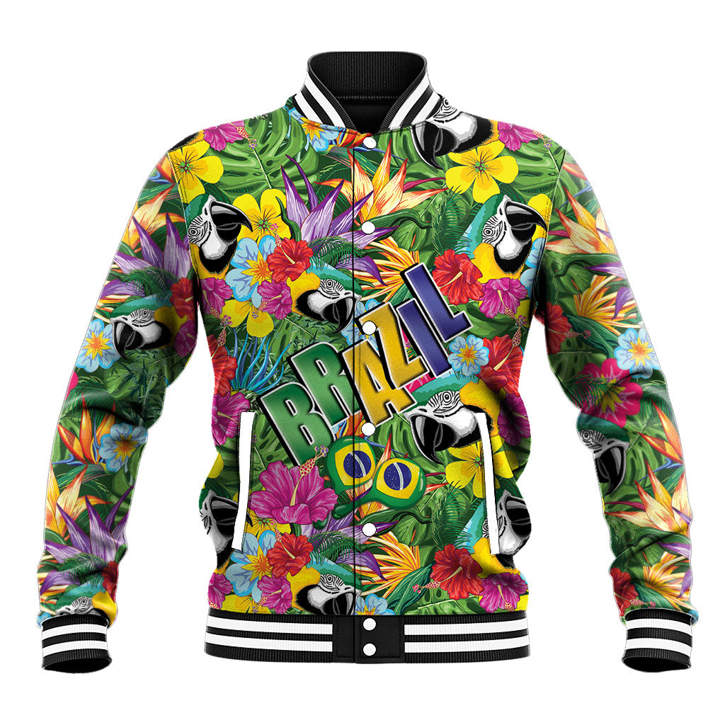 Macaw Parrot Brazil Baseball Jacket Maracas Seamless Tropical Flowers