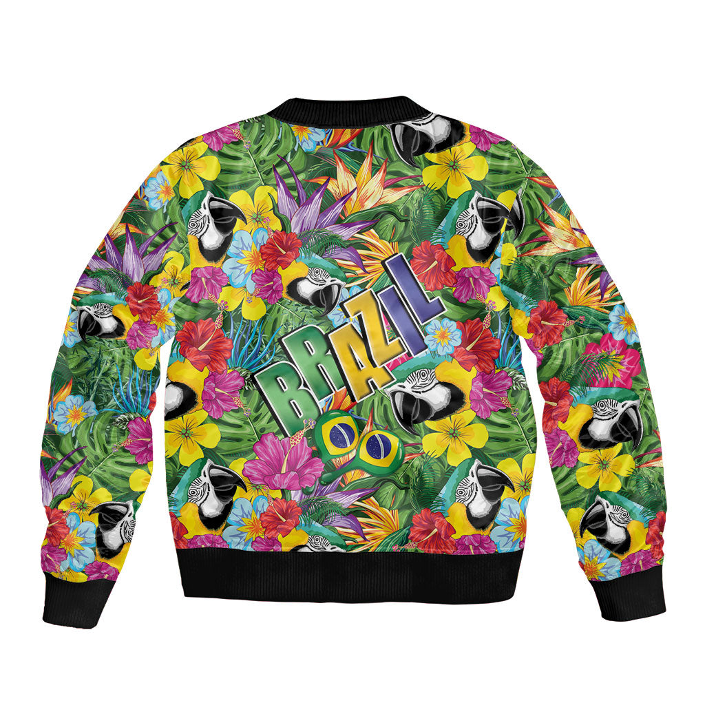 Macaw Parrot Brazil Bomber Jacket Maracas Seamless Tropical Flowers