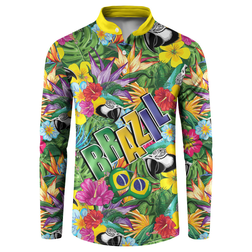 Macaw Parrot Brazil Button Sweatshirt Maracas Seamless Tropical Flowers