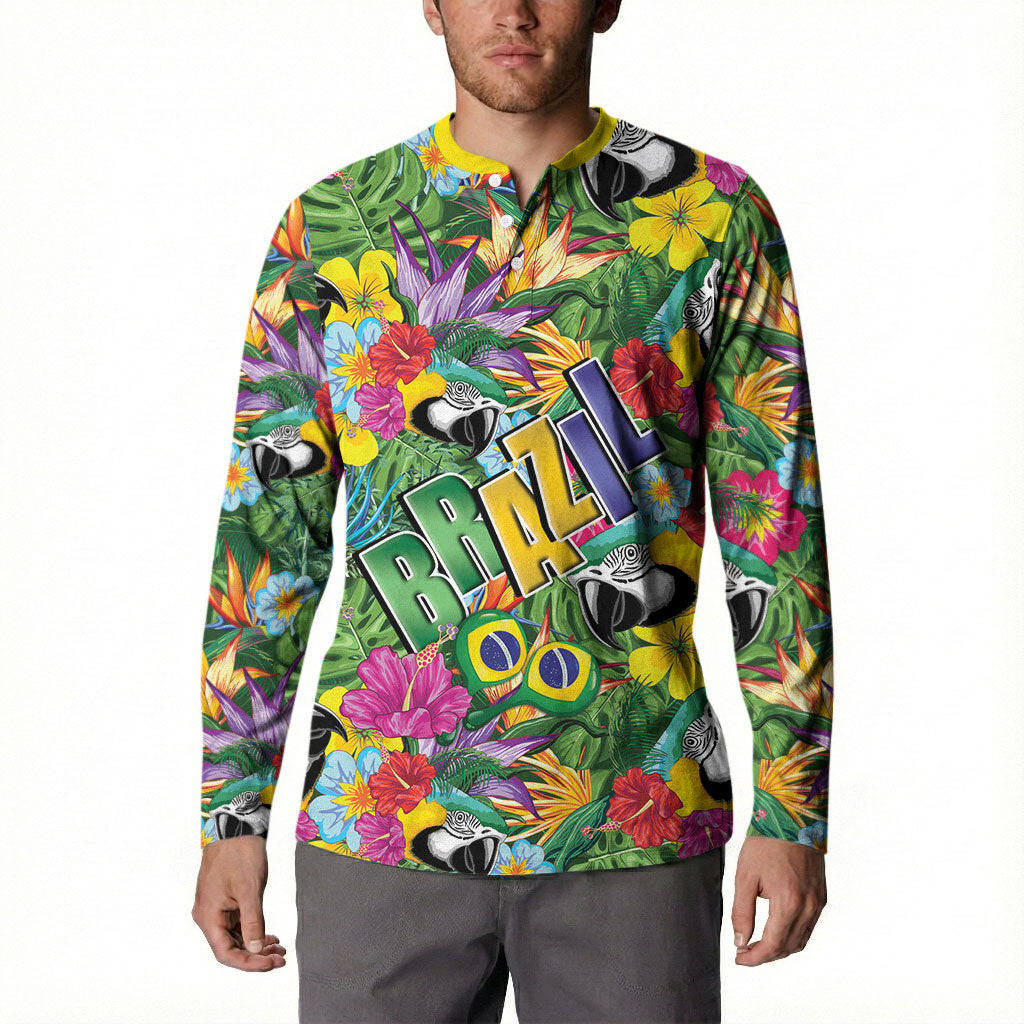 Macaw Parrot Brazil Button Sweatshirt Maracas Seamless Tropical Flowers
