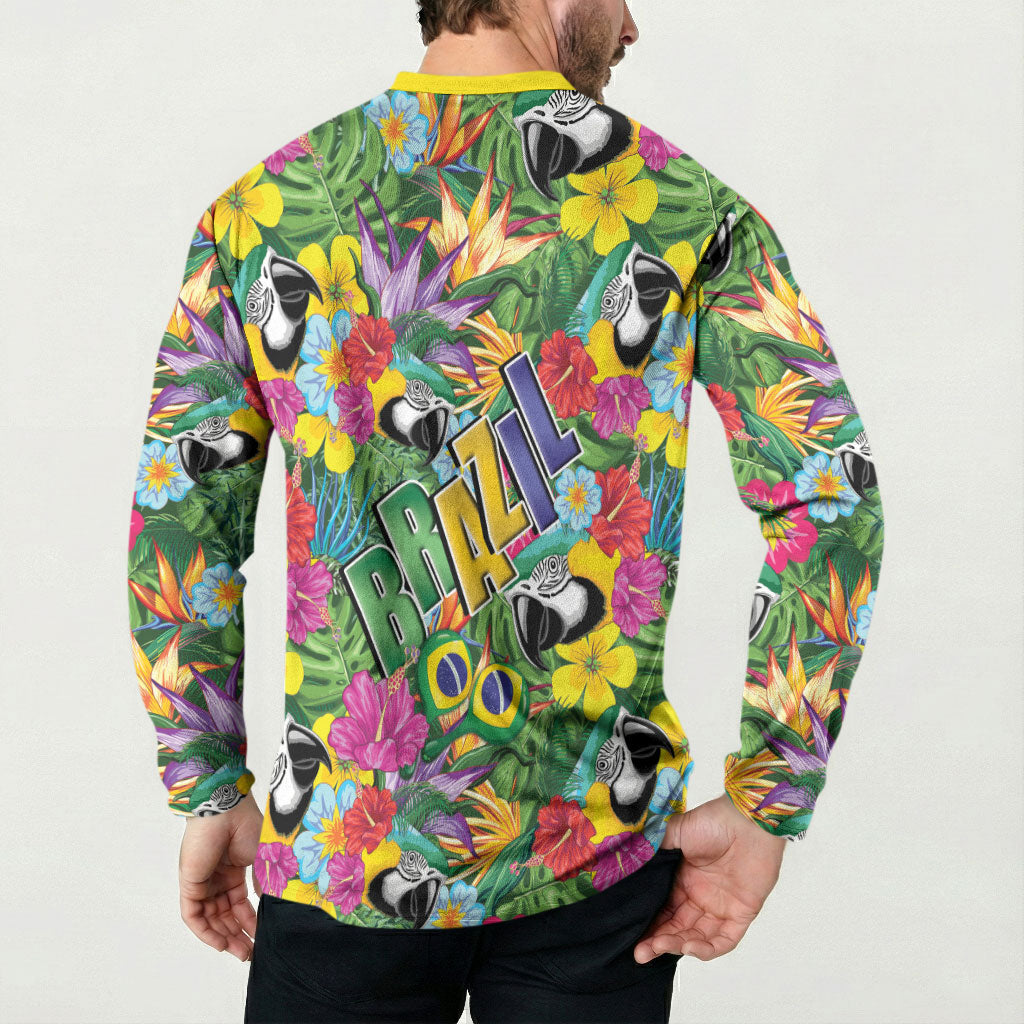 Macaw Parrot Brazil Button Sweatshirt Maracas Seamless Tropical Flowers