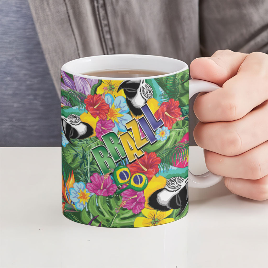 Macaw Parrot Brazil Ceramic Mug Maracas Seamless Tropical Flowers