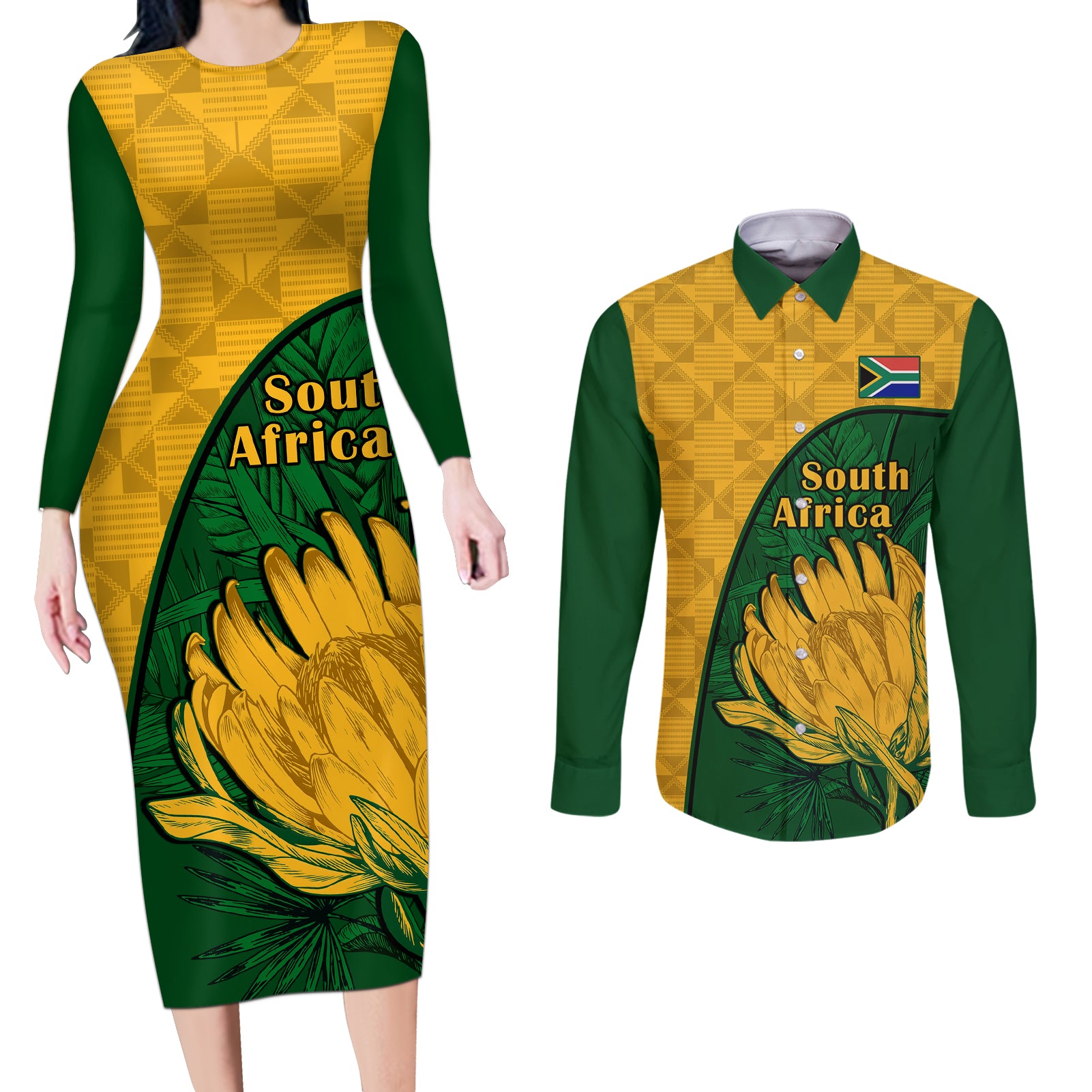 South Africa Couples Matching Long Sleeve Bodycon Dress and Long Sleeve Button Shirts King Protea With Kente Pattern - Wonder Print Shop