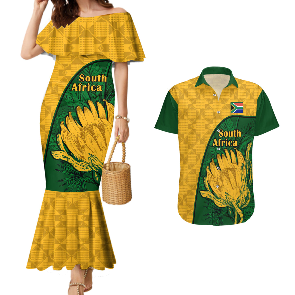 South Africa Couples Matching Mermaid Dress And Hawaiian Shirt King Protea With Kente Pattern - Wonder Print Shop