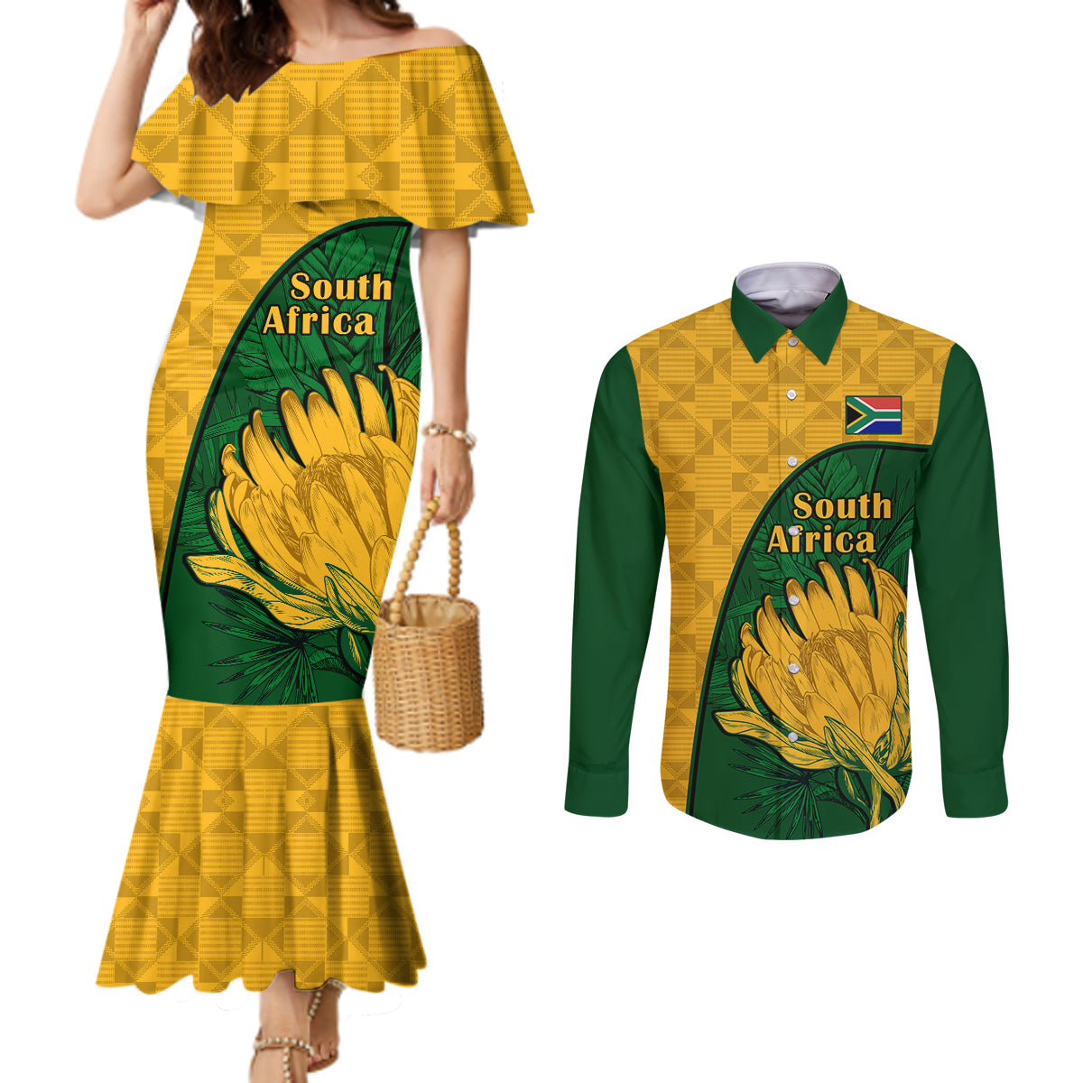 south-africa-couples-matching-mermaid-dress-and-long-sleeve-button-shirts-king-protea-with-kente-pattern