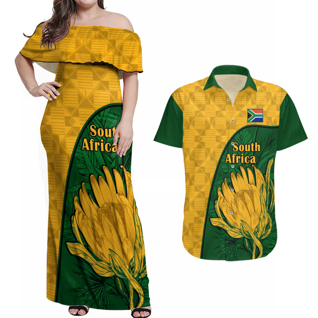 South Africa Couples Matching Off Shoulder Maxi Dress and Hawaiian Shirt King Protea With Kente Pattern - Wonder Print Shop