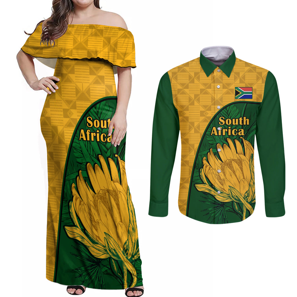 South Africa Couples Matching Off Shoulder Maxi Dress and Long Sleeve Button Shirts King Protea With Kente Pattern - Wonder Print Shop