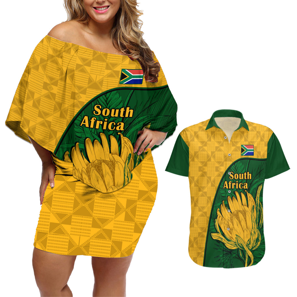 South Africa Couples Matching Off Shoulder Short Dress and Hawaiian Shirt King Protea With Kente Pattern - Wonder Print Shop