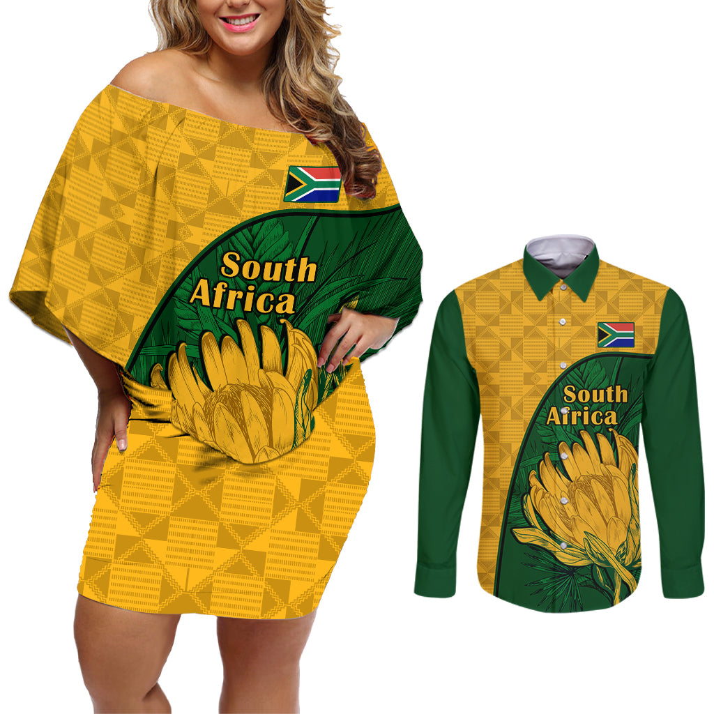 South Africa Couples Matching Off Shoulder Short Dress and Long Sleeve Button Shirts King Protea With Kente Pattern - Wonder Print Shop