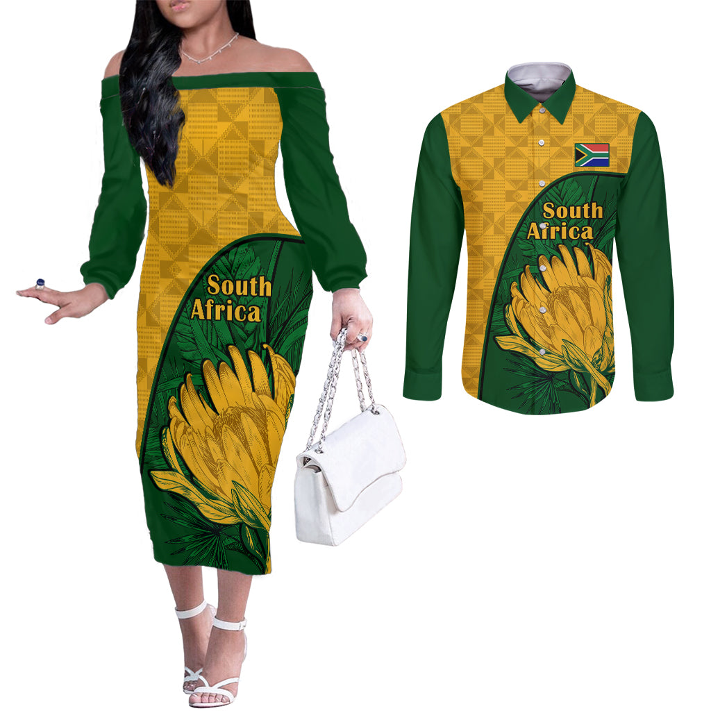 south-africa-couples-matching-off-the-shoulder-long-sleeve-dress-and-long-sleeve-button-shirts-king-protea-with-kente-pattern