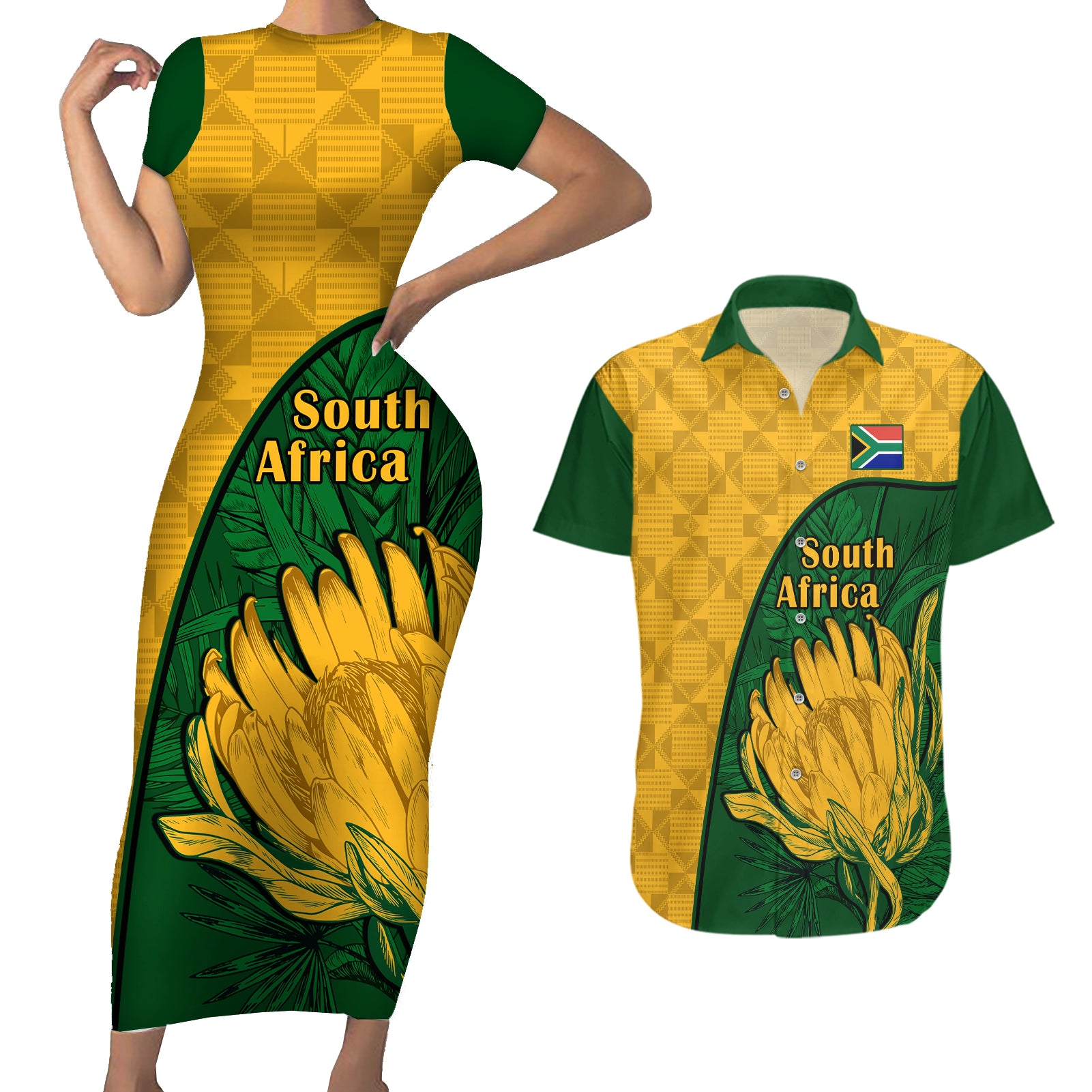 South Africa Couples Matching Short Sleeve Bodycon Dress and Hawaiian Shirt King Protea With Kente Pattern - Wonder Print Shop