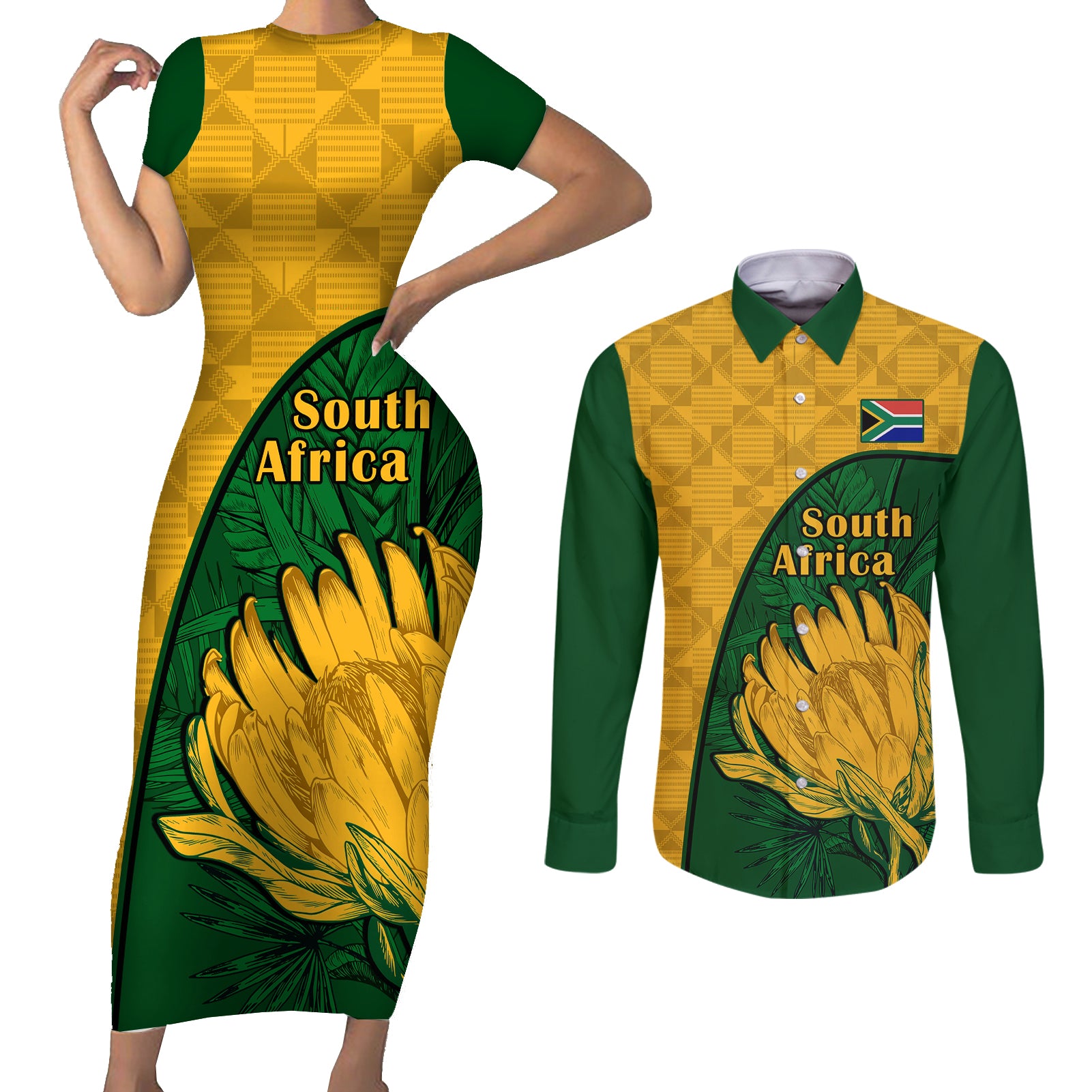 South Africa Couples Matching Short Sleeve Bodycon Dress and Long Sleeve Button Shirts King Protea With Kente Pattern - Wonder Print Shop