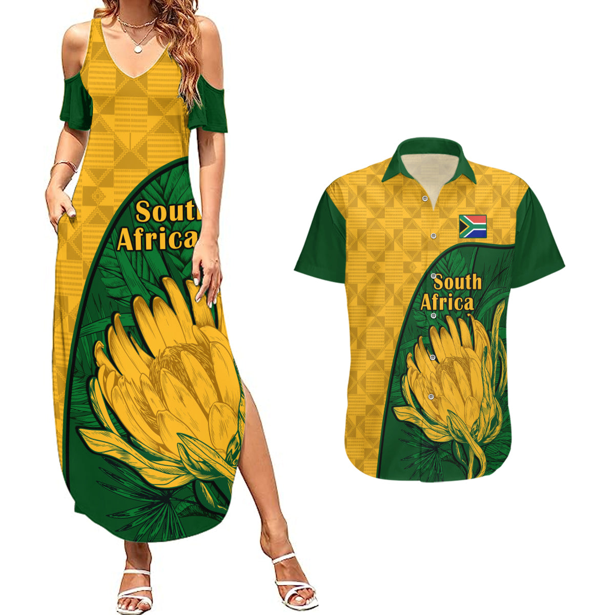 South Africa Couples Matching Summer Maxi Dress and Hawaiian Shirt King Protea With Kente Pattern - Wonder Print Shop