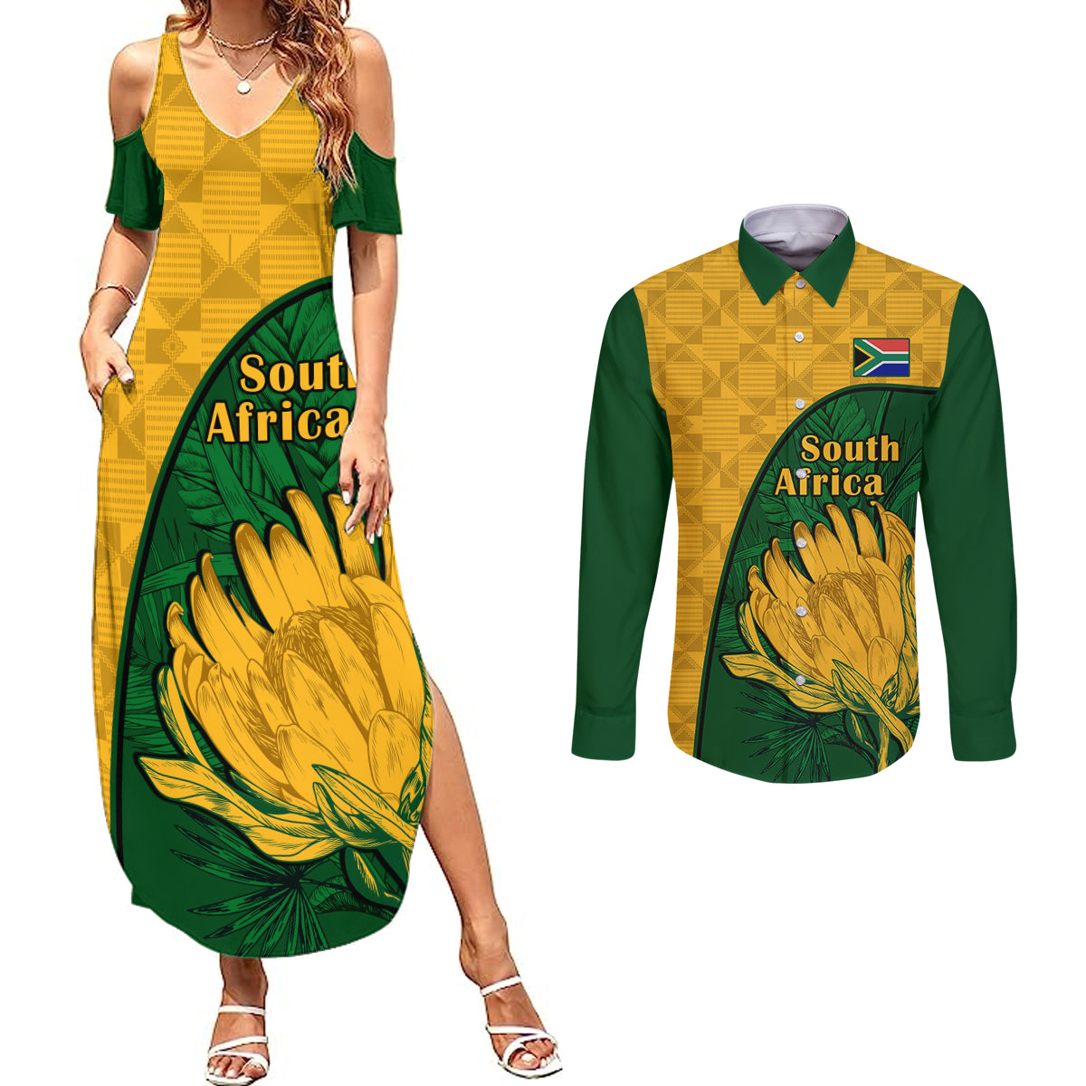 South Africa Couples Matching Summer Maxi Dress and Long Sleeve Button Shirts King Protea With Kente Pattern - Wonder Print Shop