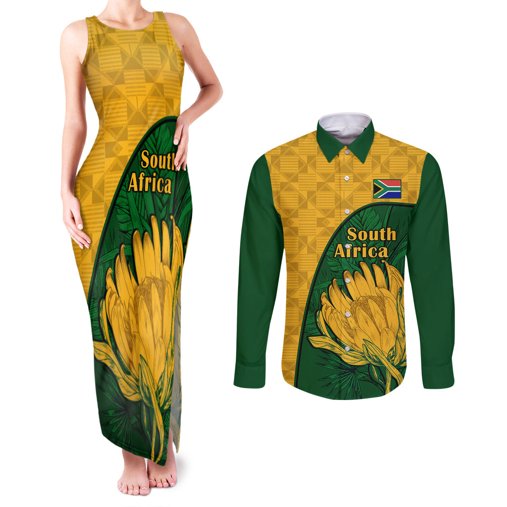 South Africa Couples Matching Tank Maxi Dress and Long Sleeve Button Shirts King Protea With Kente Pattern - Wonder Print Shop