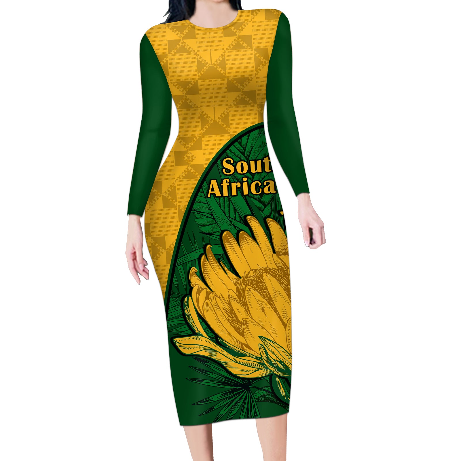 South Africa Long Sleeve Bodycon Dress King Protea With Kente Pattern - Wonder Print Shop