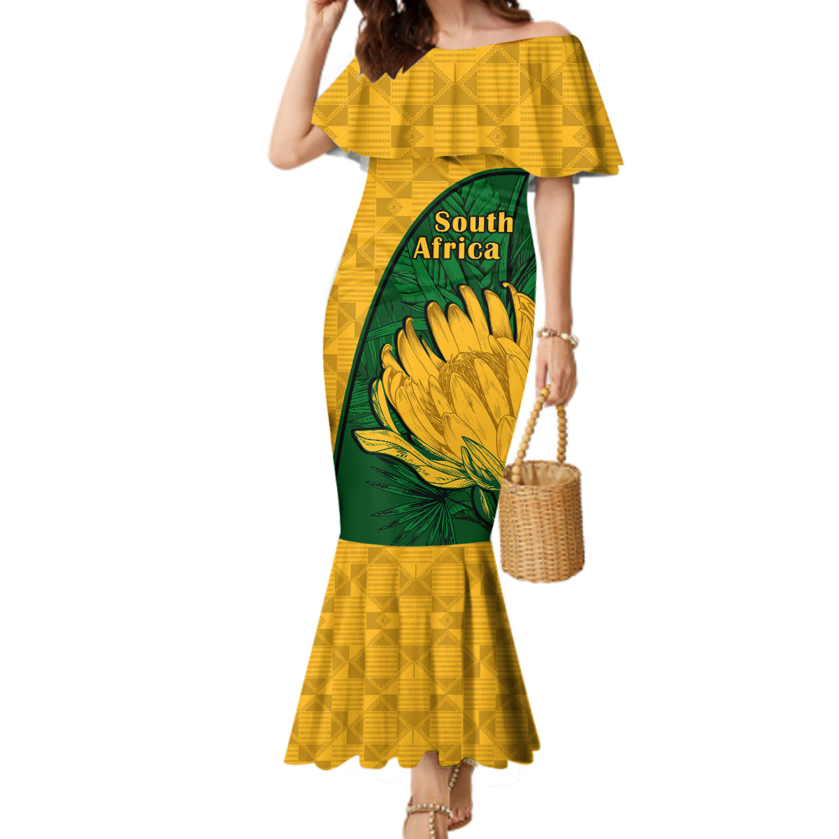 South Africa Mermaid Dress King Protea With Kente Pattern - Wonder Print Shop