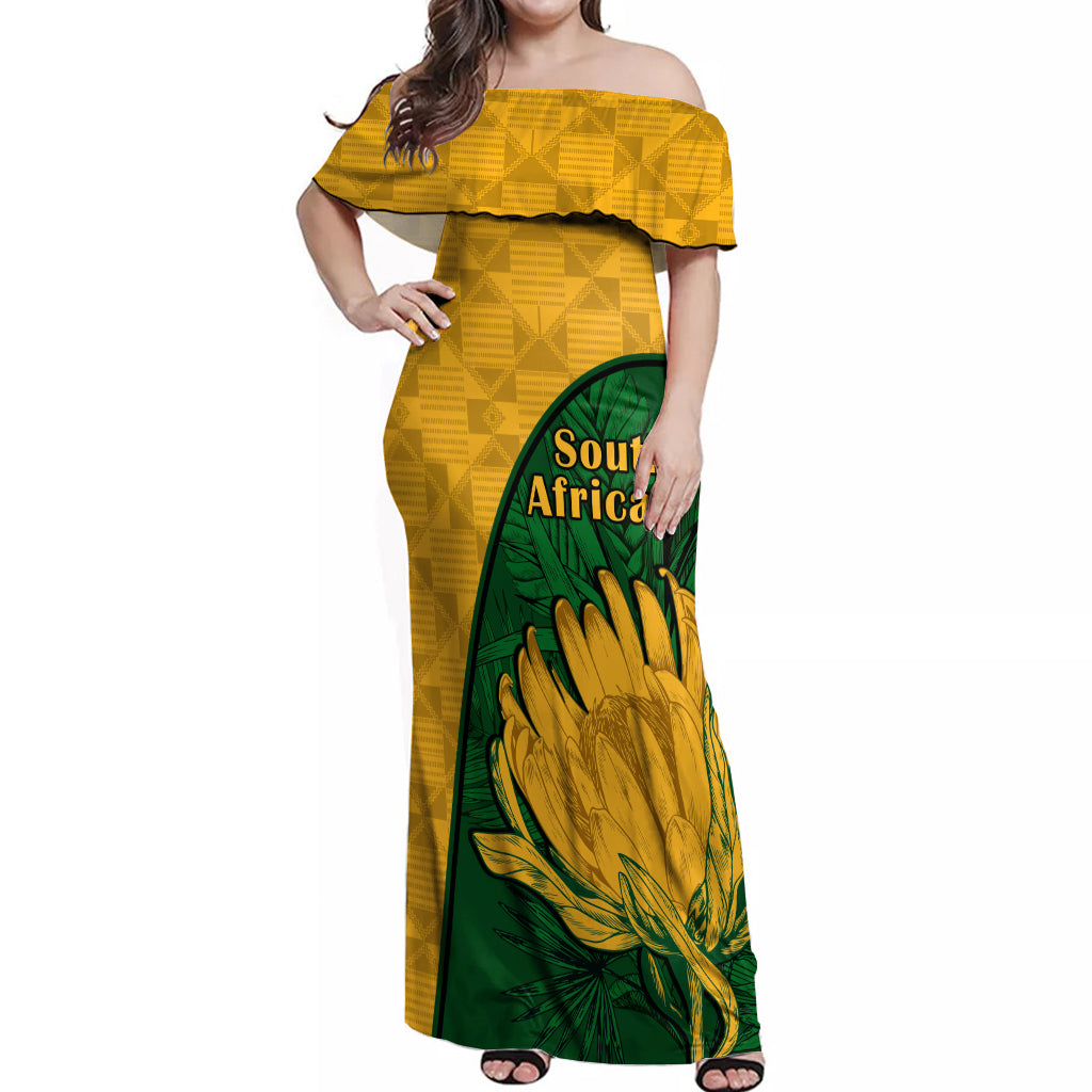 South Africa Off Shoulder Maxi Dress King Protea With Kente Pattern - Wonder Print Shop