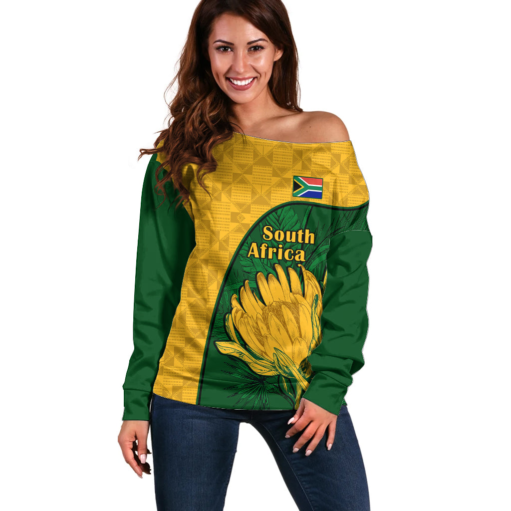 South Africa Off Shoulder Sweater King Protea With Kente Pattern - Wonder Print Shop