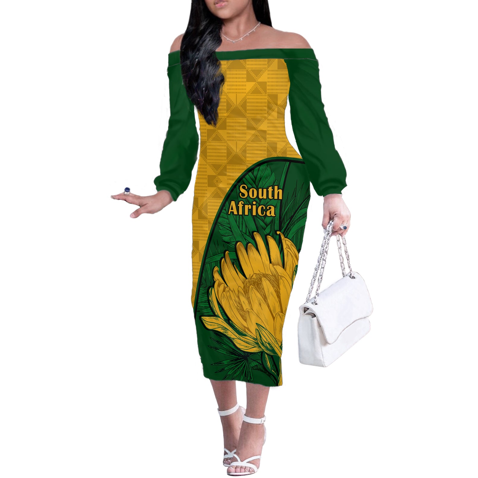 South Africa Off The Shoulder Long Sleeve Dress King Protea With Kente Pattern - Wonder Print Shop