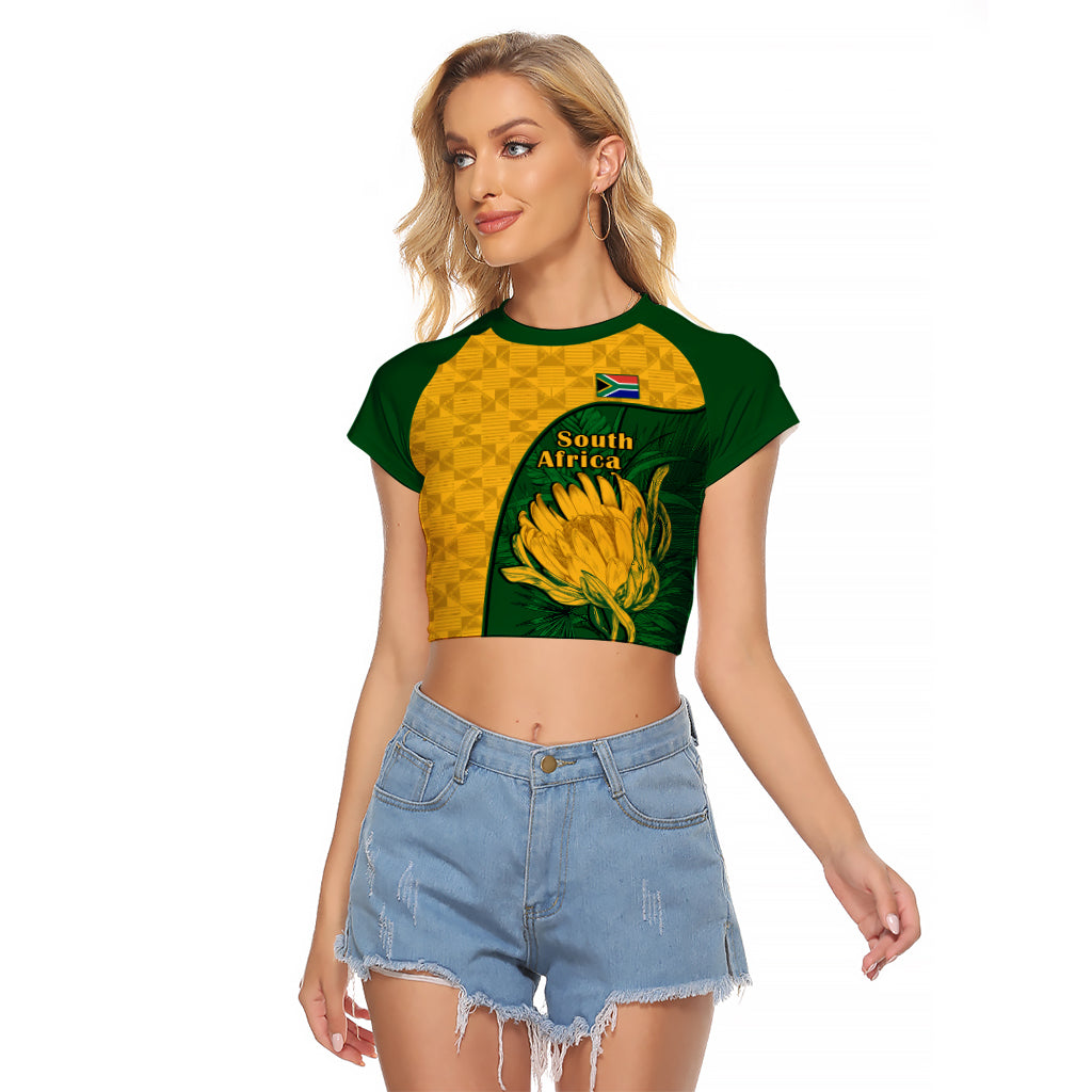 South Africa Raglan Cropped T Shirt King Protea With Kente Pattern - Wonder Print Shop