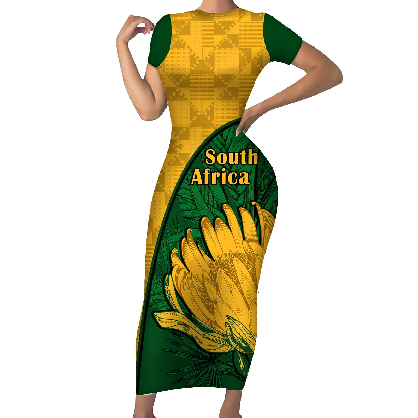 South Africa Short Sleeve Bodycon Dress King Protea With Kente Pattern - Wonder Print Shop