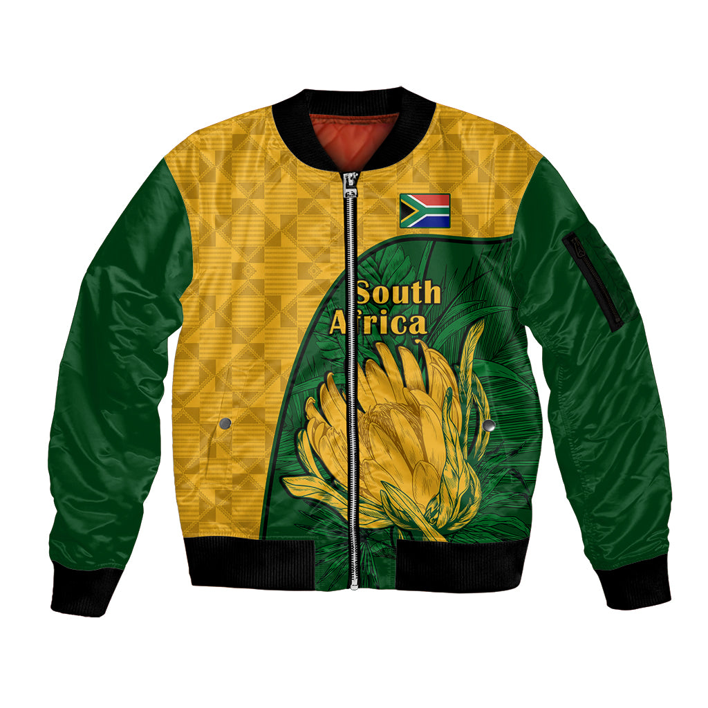 South Africa Sleeve Zip Bomber Jacket King Protea With Kente Pattern - Wonder Print Shop