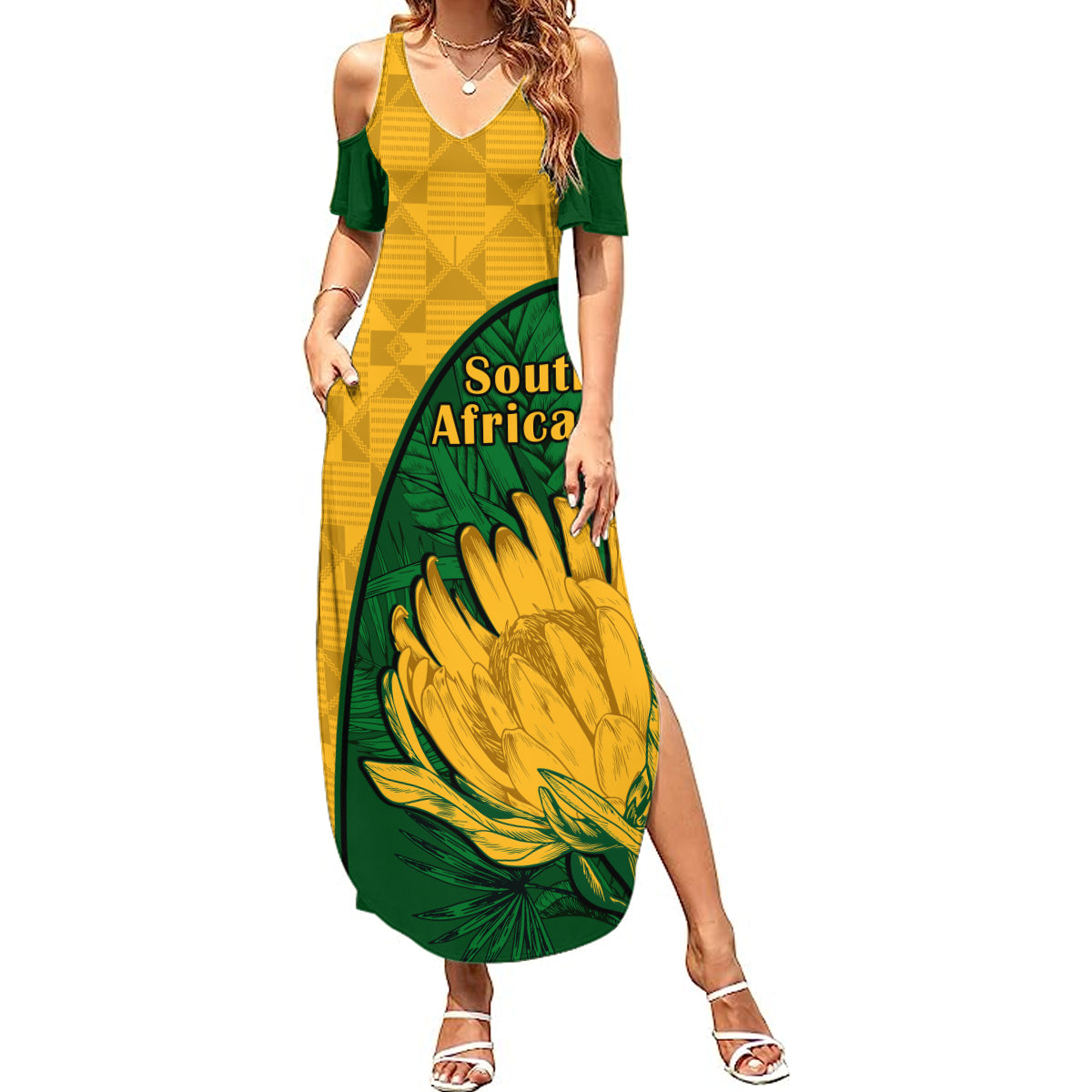 South Africa Summer Maxi Dress King Protea With Kente Pattern - Wonder Print Shop