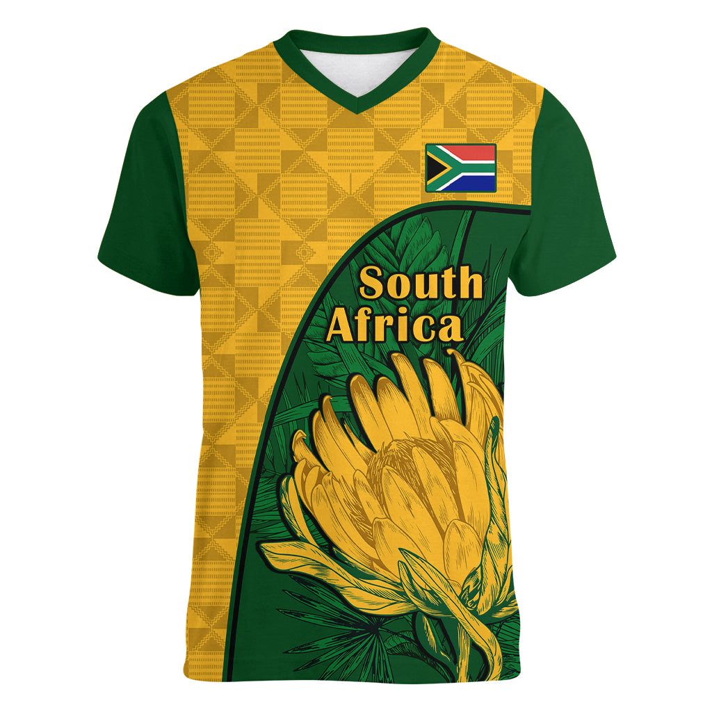 South Africa Women V Neck T Shirt King Protea With Kente Pattern - Wonder Print Shop