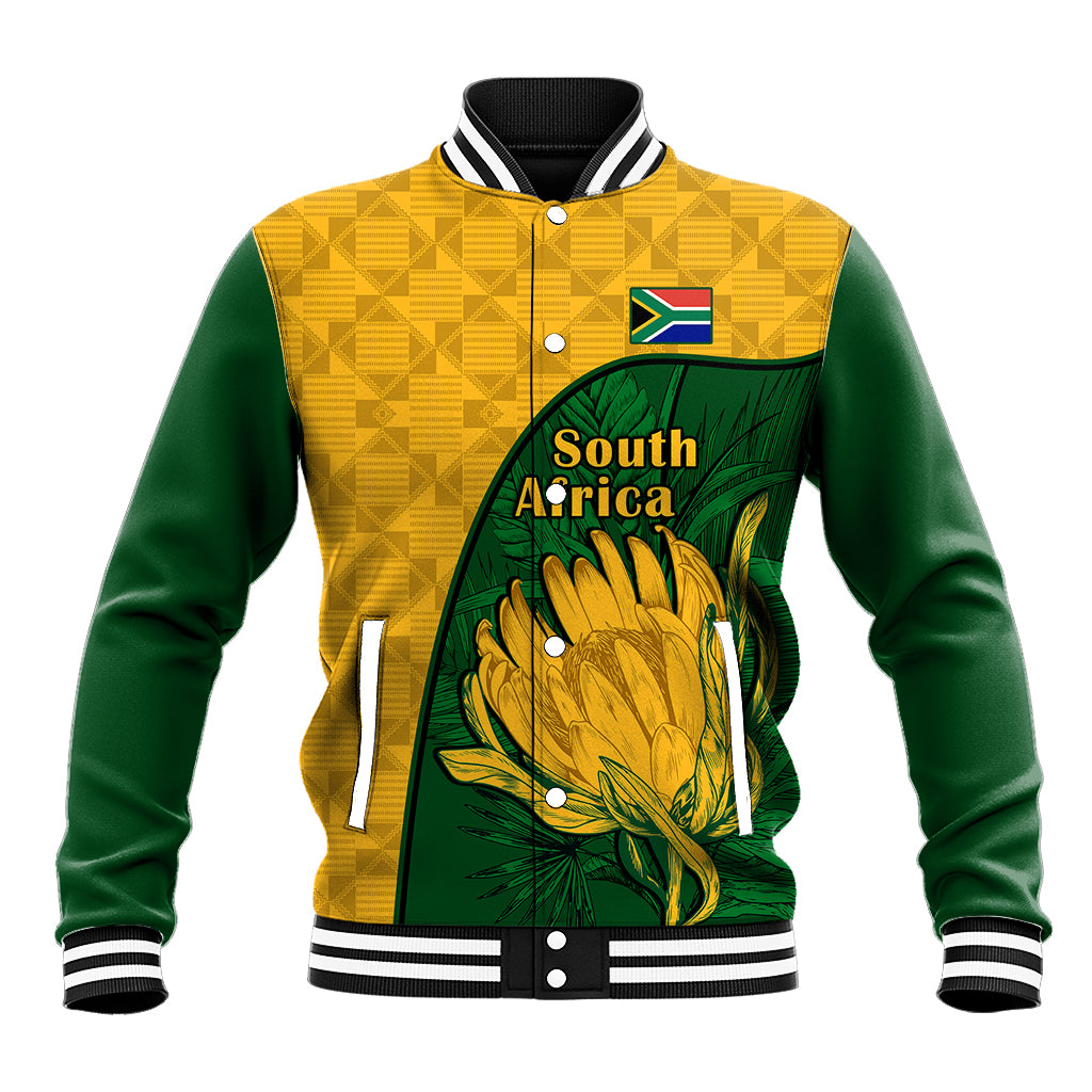 Unisex green and yellow baseball jacket with striped collar, button front, king protea graphic