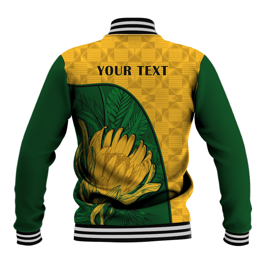 Unisex green and yellow baseball jacket, striped cuffs, king protea on back with 'YOUR TEXT'