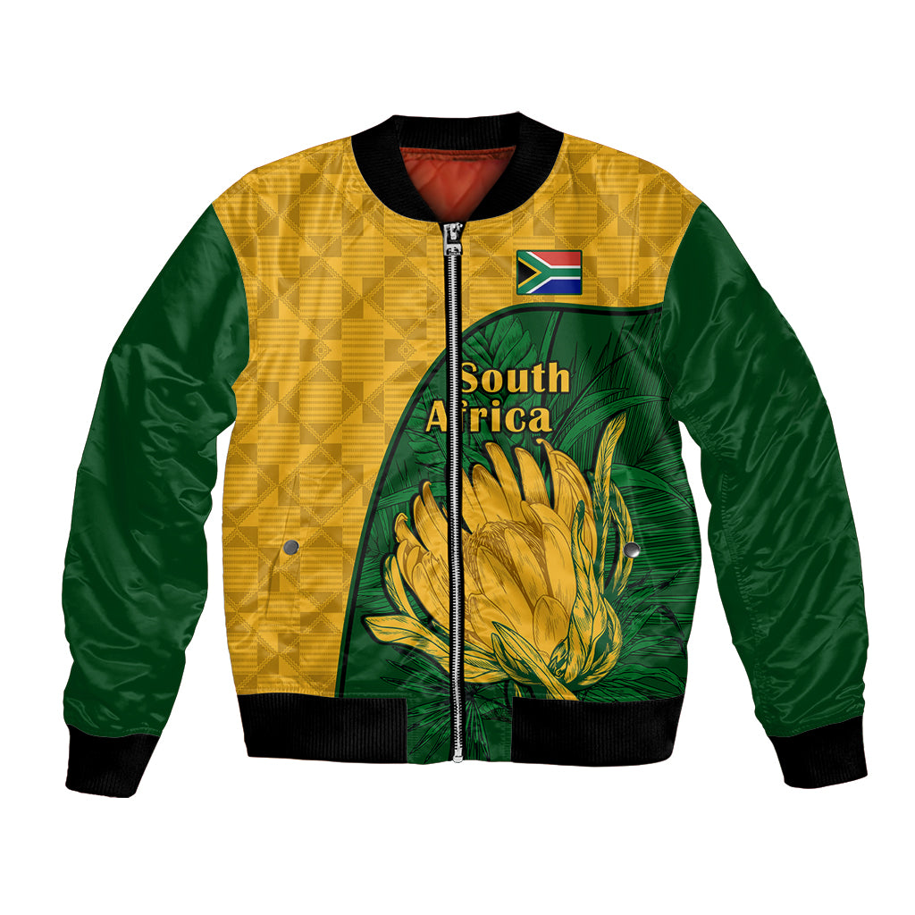 Yellow green bomber jacket with zipper and Protea front graphic, ribbed cuffs