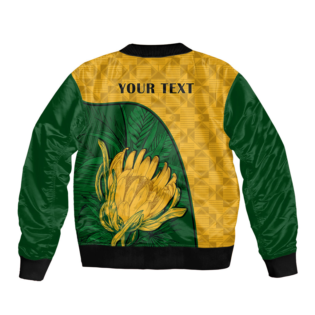 Yellow green bomber jacket back with 'YOUR TEXT' and Protea graphic, ribbed hem
