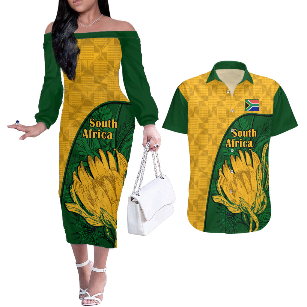 Custom South Africa Couples Matching Off The Shoulder Long Sleeve Dress and Hawaiian Shirt King Protea With Kente Pattern - Wonder Print Shop