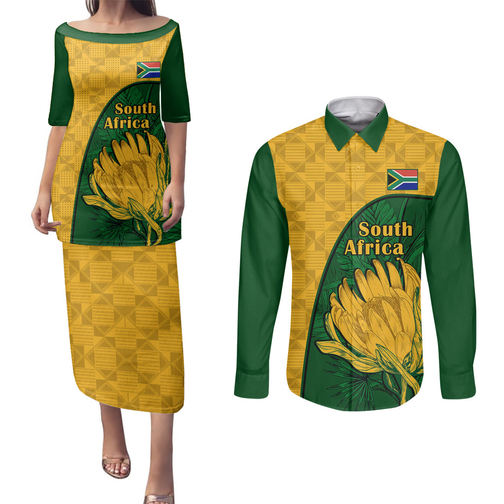 Custom South Africa Couples Matching Puletasi Dress and Long Sleeve Button Shirts King Protea With Kente Pattern - Wonder Print Shop