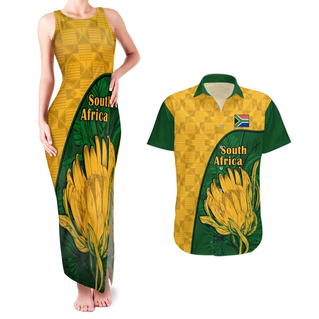 Custom South Africa Couples Matching Tank Maxi Dress And Hawaiian Shirt King Protea With Kente Pattern - Wonder Print Shop