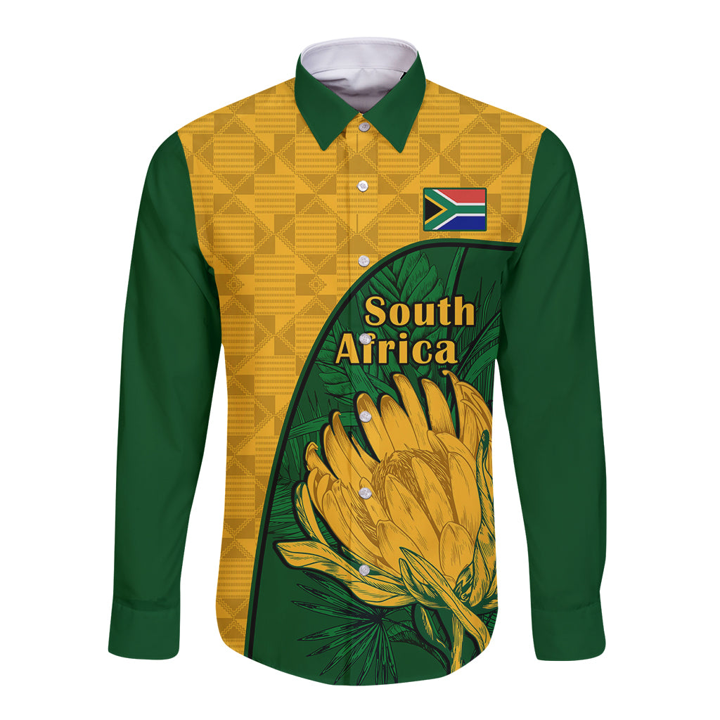 Custom South Africa Long Sleeve Button Shirt King Protea With Kente Pattern - Wonder Print Shop