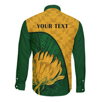Unisex long sleeve button shirt, yellow kente back panel, green print with your text