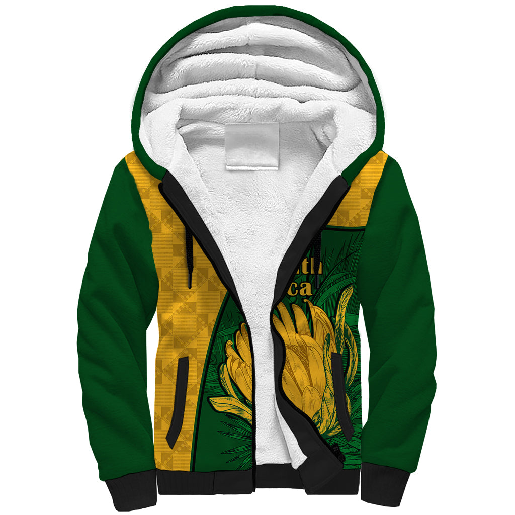 Custom South Africa Sherpa Hoodie King Protea With Kente Pattern - Wonder Print Shop