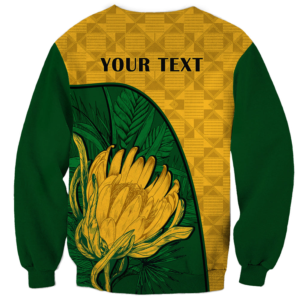 Unisex yellow and green sweatshirt back with 'YOUR TEXT' and large protea graphic