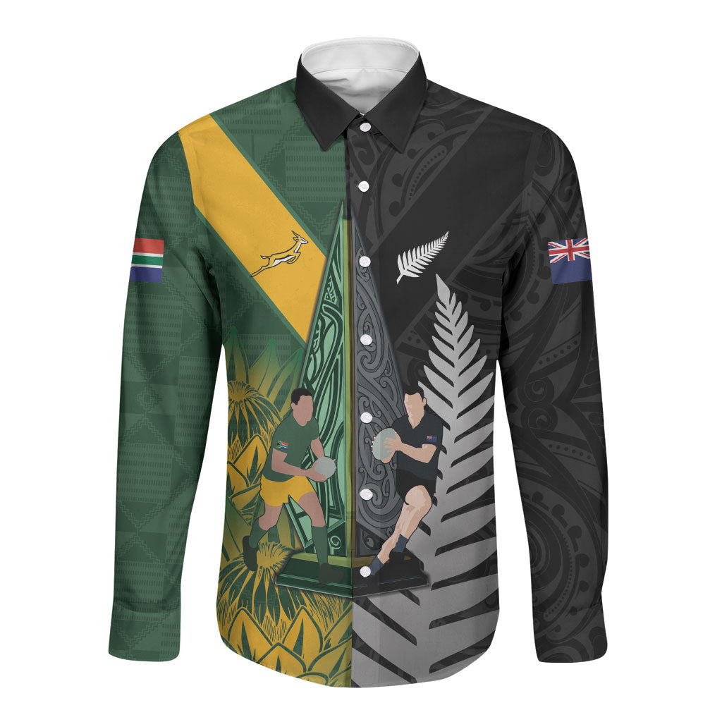 New Zealand and South Africa Rugby Custom Long Sleeve Button Shirt Ultimate Rivalry All Black Springboks