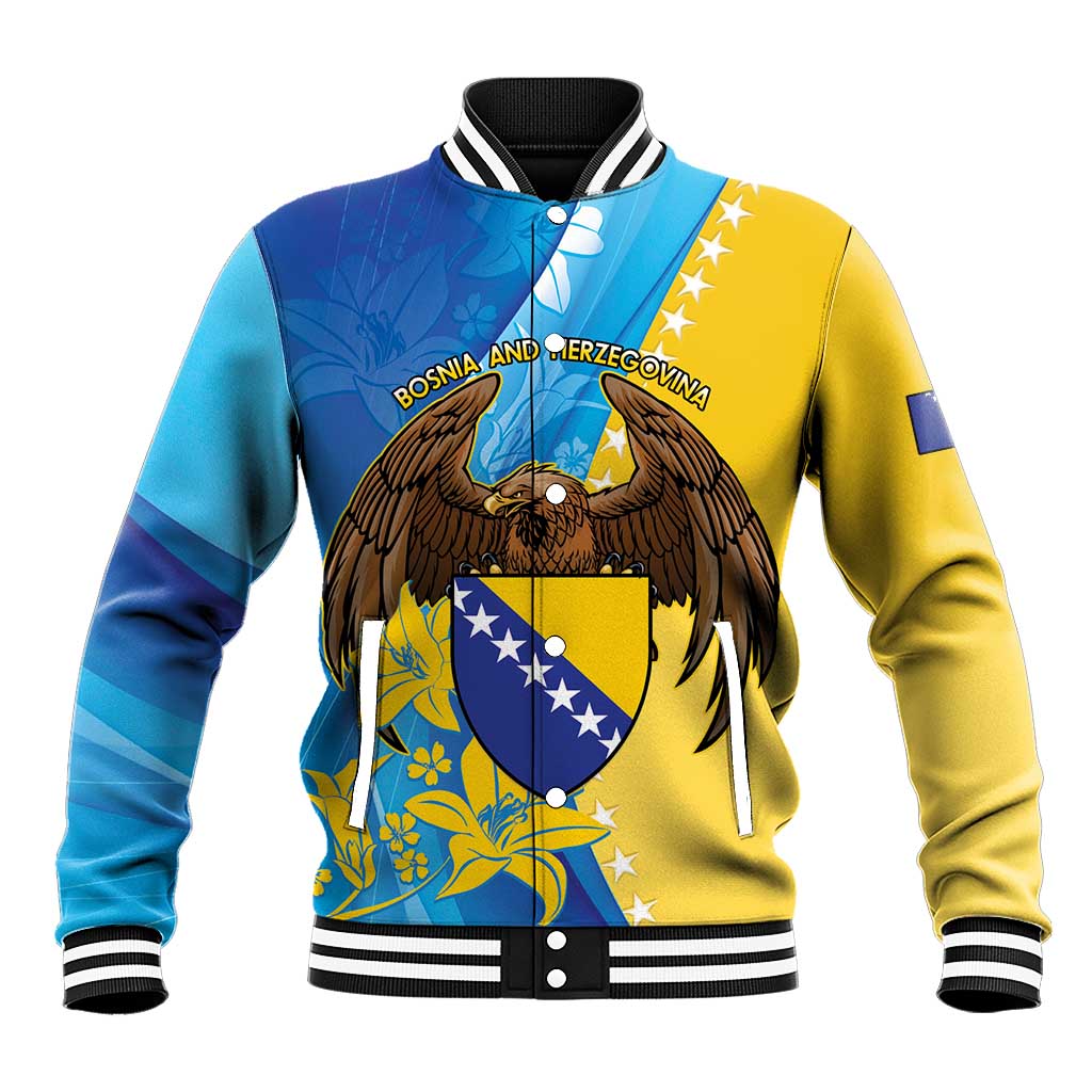 Personalized baseball jacket, blue and yellow with eagle crest, Bosnia emblem, snap front