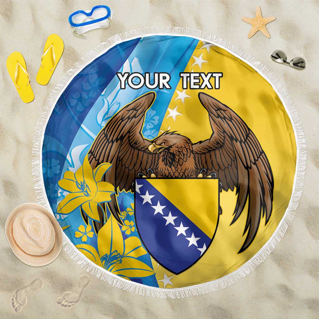 Round beach blanket with Bosnia eagle shield, yellow and blue floral accents, white fringe